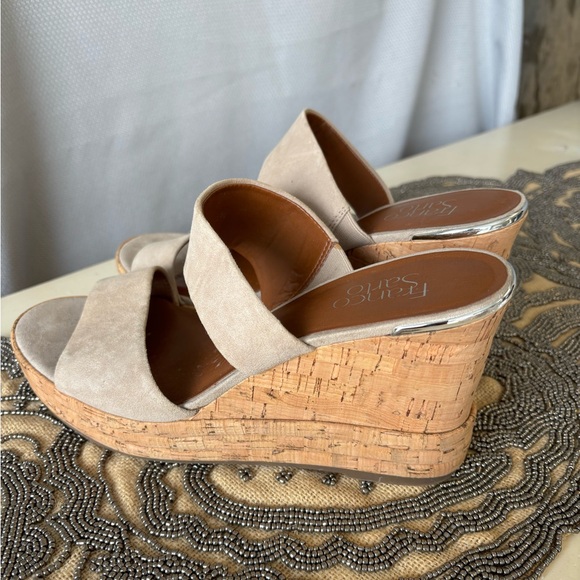 Franco Sarto Shoes - Franco Sarto like new cork wedge in taupe suede with chrome accent on heel